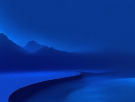 Mountain landscape with lake and mountains in the distance. Blue tone.の素材
