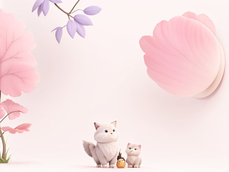 3d render of cat and dog with magnolia flower background.の素材