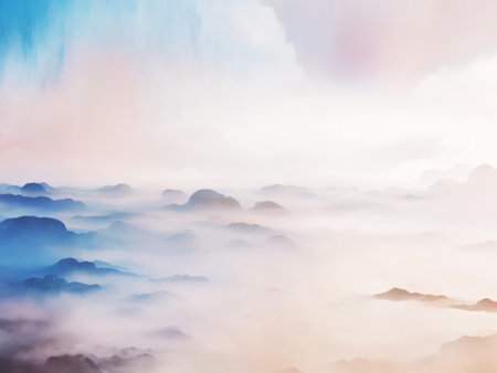 Foggy morning in the mountains. Colorful abstract background.の素材