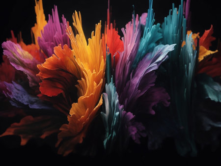 Colorful brushstrokes of paint on a black background close upの素材