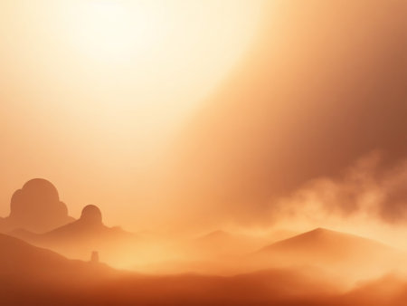 Mountain landscape with fog at sunrise, 3d render illustration.の素材
