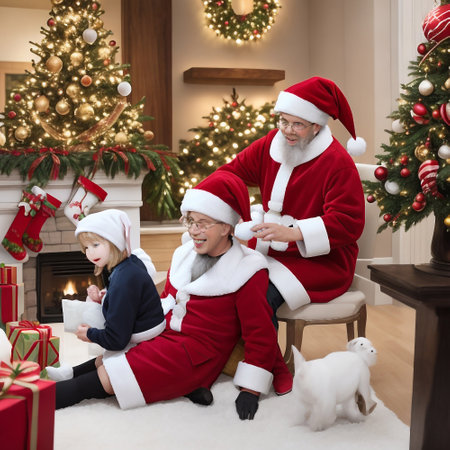 family, holidays, generation and people concept - happy family in santa claus clothes at homeの素材
