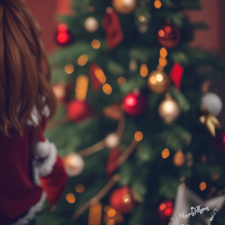 Little girl decorating christmas tree with red and gold ornamentsの素材