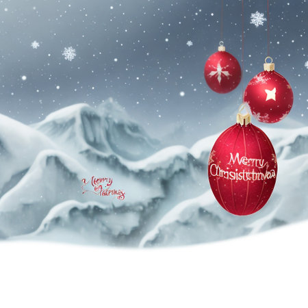 Merry Christmas and Happy New Year greeting card. Red baubles on snowy mountains background.の素材