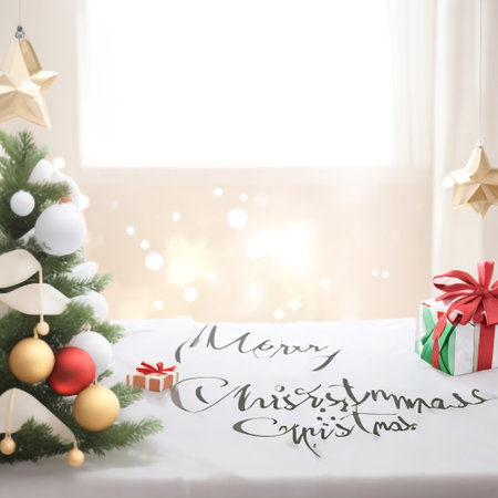 Christmas greeting card with Christmas tree, presents and lights bokeh backgroundの素材