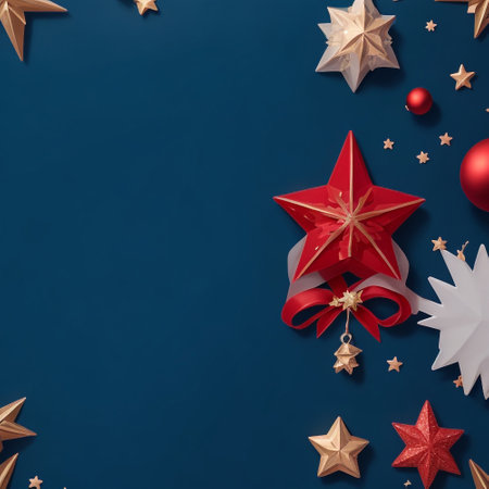 Christmas background with red star, snowflakes and confetti on blue backgroundの素材
