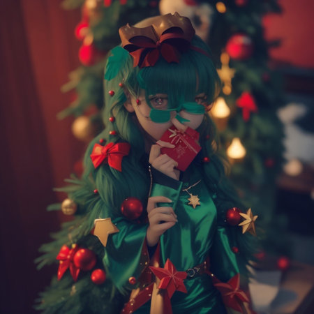beautiful little girl in a green dress on the background of the Christmas treeの素材