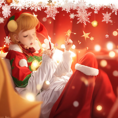 Cute little girl in Santa Claus costume sitting on the sofa with Christmas decorationの素材