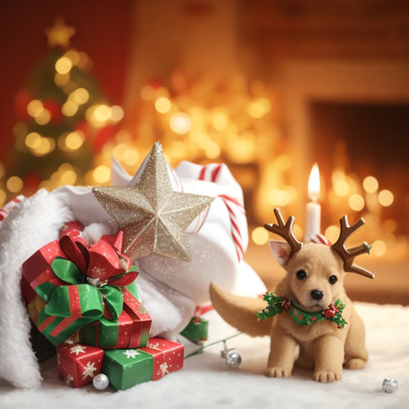 Christmas reindeer with gift boxes and christmas tree on backgroundの素材