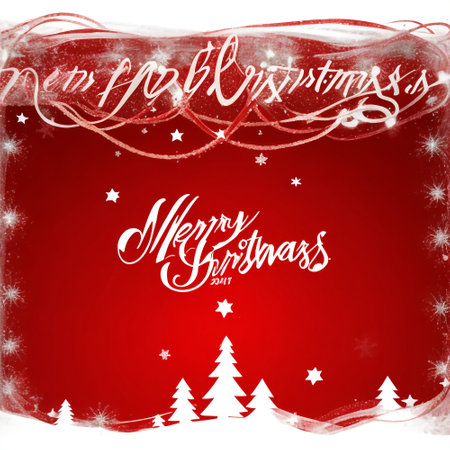 Merry Christmas and Happy New Year card on red background with snowflakesの素材