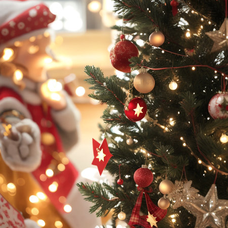 Christmas tree with decorations and santa claus, closeup viewの素材