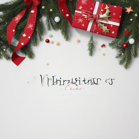 Christmas background with fir branches, red gift box and decorations on white backgroundの素材