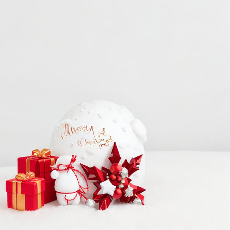 Christmas bauble with white snowflake and red gift boxes on white backgroundの素材