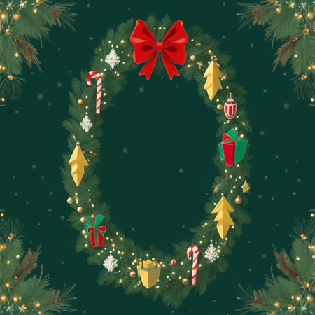 Christmas wreath with snowflakes on green background. Vector illustration.の素材