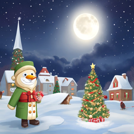 Snowman and christmas tree in a snowy village at night illustrationの素材