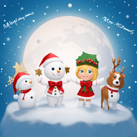 Merry Christmas and Happy New Year with Santa Claus, Reindeer and Snowmanの素材