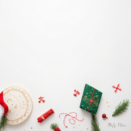 Christmas composition. Festive decoration on white background. Flat lay, top view, copy spaceの素材