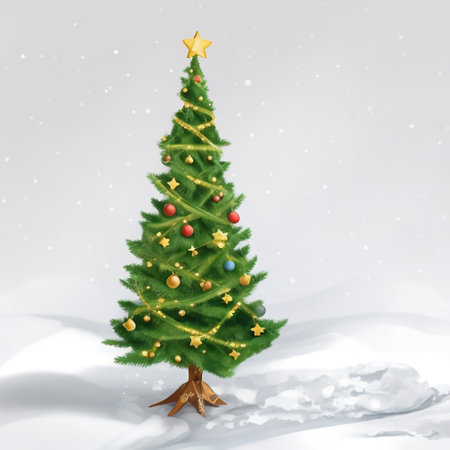 Christmas tree in the snow, 3d render, isolated on white backgroundの素材
