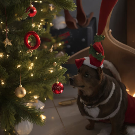Cute dog in Santa hat sitting under christmas tree at homeの素材