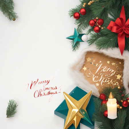 Christmas greeting card. Top view of christmas decorations on white background with copy space. Flat lay.の素材