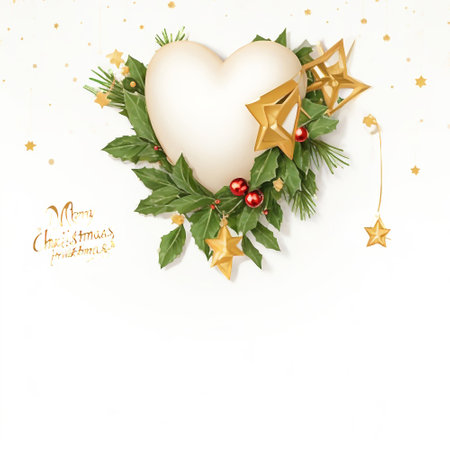 Christmas greeting card with heart, holly and golden stars on white backgroundの素材