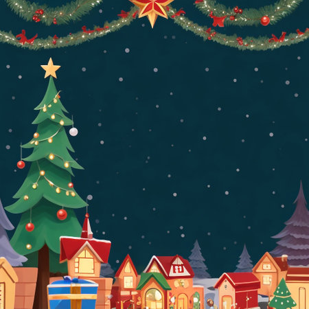 Christmas and New Year background with houses, trees and stars. Vector illustration.の素材