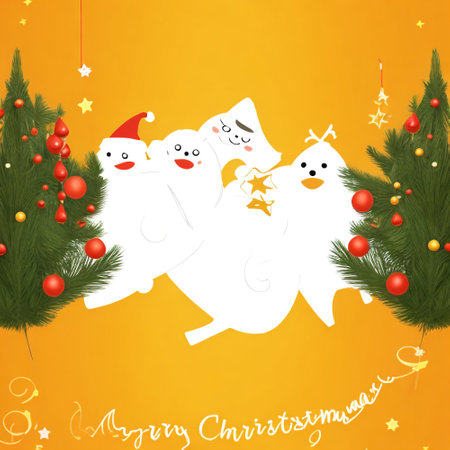 Christmas card with snowman and fir tree on yellow background. Vector illustration.の素材