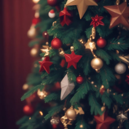 Beautiful Christmas tree with red and gold decorations. Selective focus.の素材