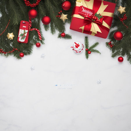 Christmas background with fir branches, red balls and gift box on white marble backgroundの素材