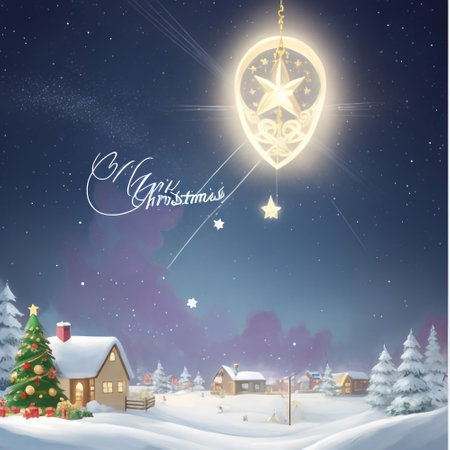 Christmas greeting card against snowy landscape with fir trees and christmas decorationsの素材