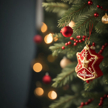 Beautiful Christmas tree with decorations and bokeh on dark backgroundの素材
