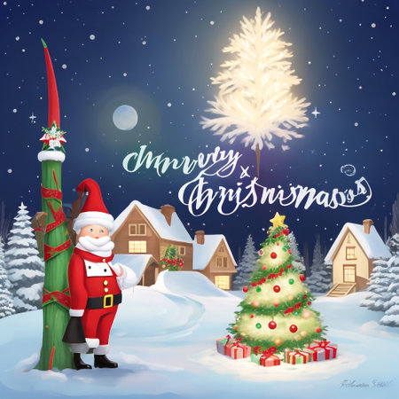 Merry Christmas and Happy New Year greeting card with Santa Claus and Christmas treeの素材