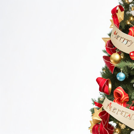 Decorated Christmas tree on white background with copy space for textの素材