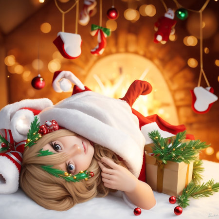Little girl in santa costume with christmas decoration. Christmas concept.の素材