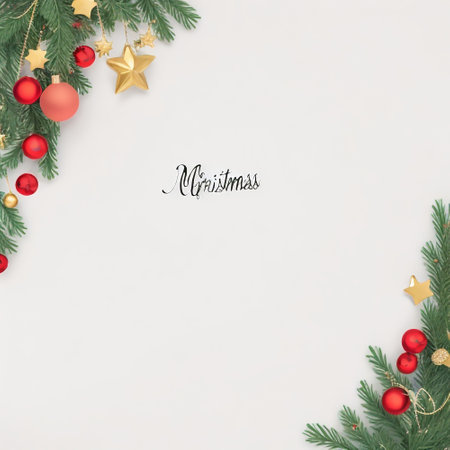 Christmas background with fir branches and red baubles on white backgroundの素材