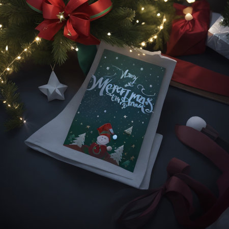 Merry Christmas and Happy New Year greeting card with Santa Claus hat, red ribbon and gift boxes on dark backgroundの素材
