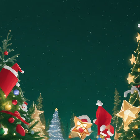 Christmas background with christmas tree, snowflakes and Santa Claus hatの素材