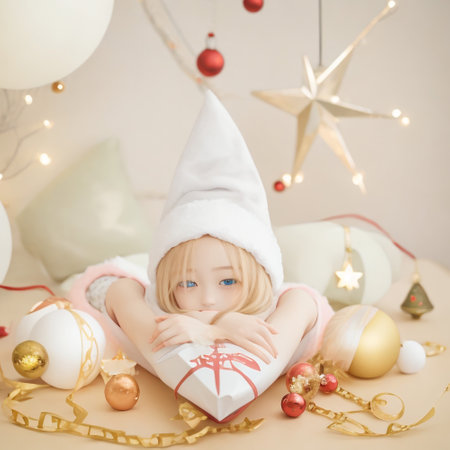 Cute little girl in Santa Claus costume lying on the floor with christmas decorationの素材