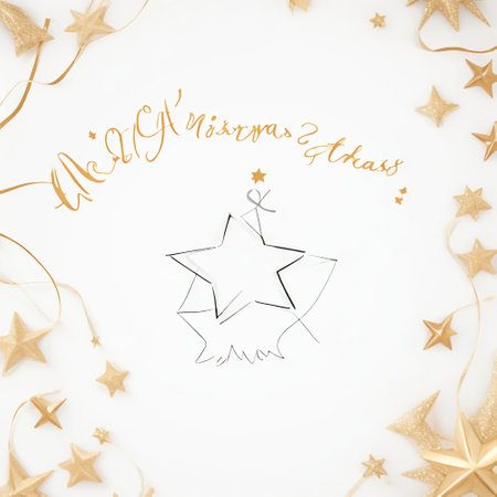 Christmas greeting card with golden stars on white background. Merry Christmas and Happy New Year!の素材