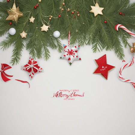 Christmas decoration on white background with copy space. Flat lay. Top view.の素材
