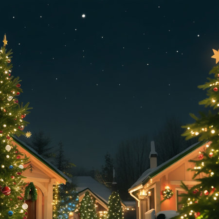 Christmas and New Year holidays background. Christmas tree in front of the house at night.の素材