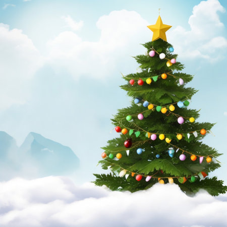 Christmas tree with baubles and star on blue sky background.の素材