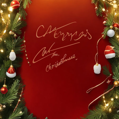 Christmas and New Year background with fir branches, garland and Christmas decorations on red backgroundの素材