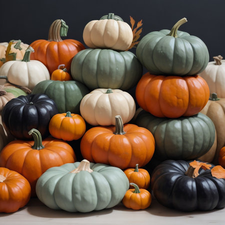 Colorful pumpkins on black background. Autumn harvest. Halloween.の素材