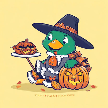 Vector illustration of a cute cartoon green penguin with halloween pumpkinの素材