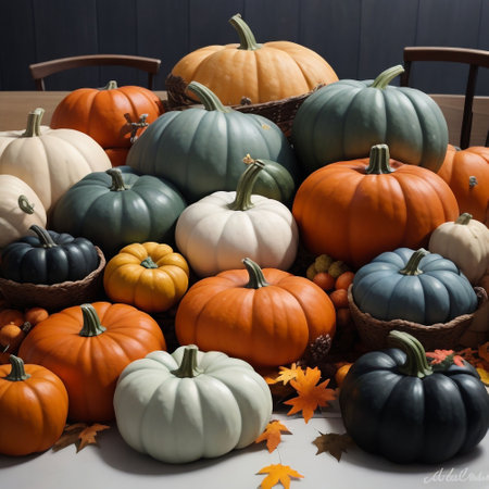colorful pumpkins and autumn leaves on wooden table, fall harvestの素材