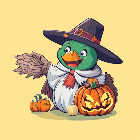 Illustration of a Cute Duck Wearing a Halloween Costume with Pumpkins on a Yellow Backgroundの素材