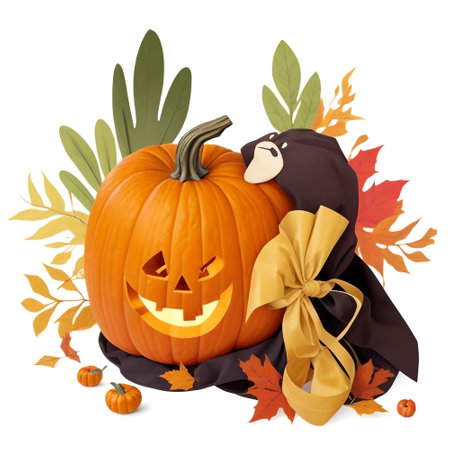 Halloween pumpkins with autumn leaves isolated on a white background.の素材