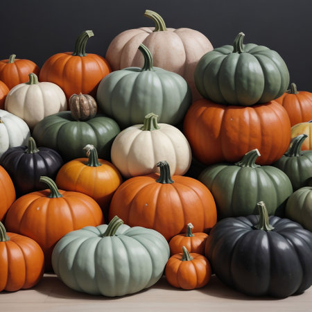 Variety of pumpkins in different colors on a wooden table.の素材