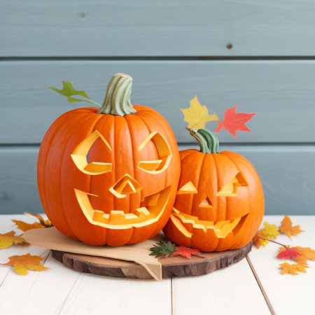 Halloween pumpkins on white wooden background. Halloween holiday concept.の素材